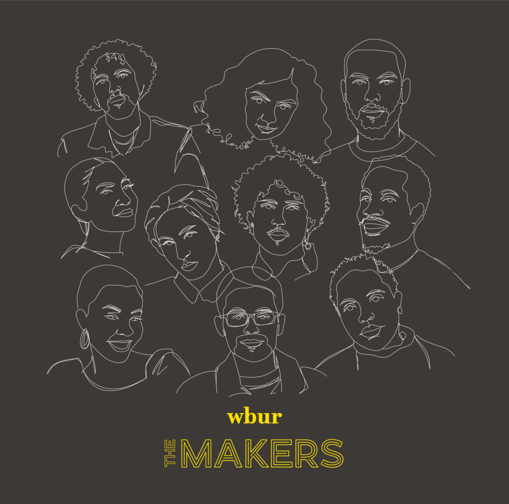 Line art portraits of diverse individuals with the text “WBUR The Makers” in yellow on a dark gray background.