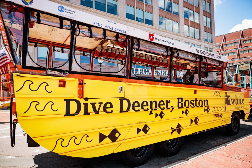 Boston Duck Boat Design WBUR yellow message in a bottle line art Boston duck boat design