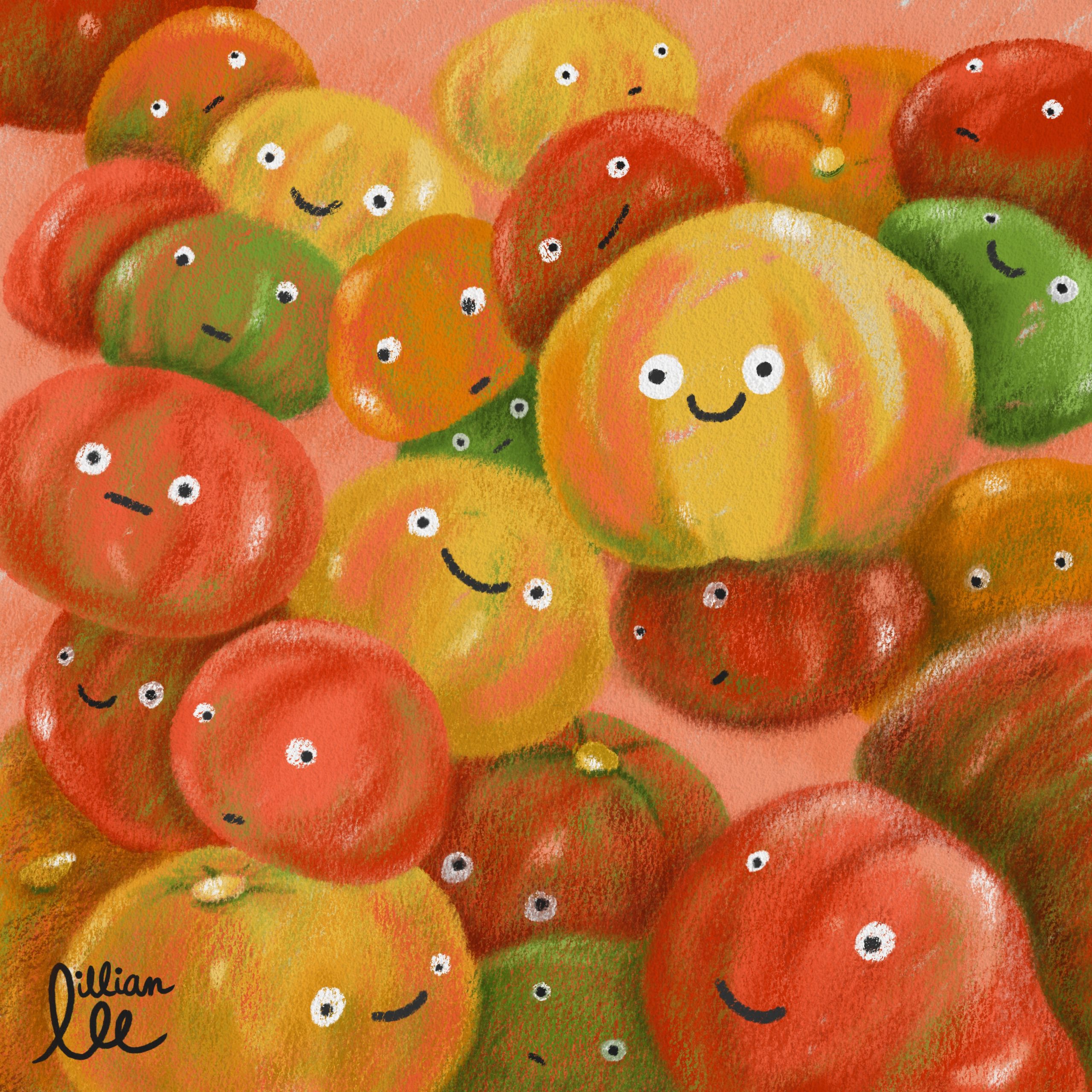 An illustration of heirloom tomatoes with nervous expressions by Lillian Lee